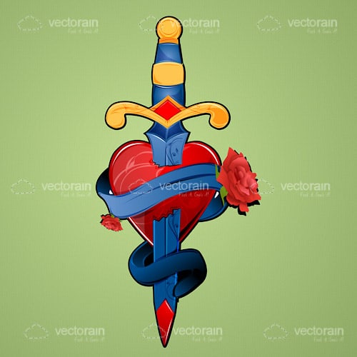 Red Heart with a Golden Handled Sword Through the Middle With Ribbon and Rose